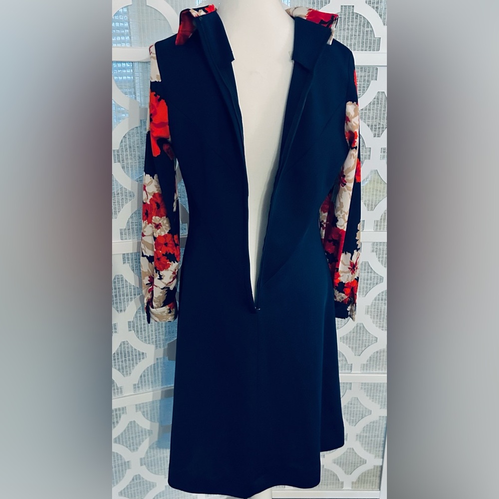Vintage Navy Blue Dress Red Flowers 70s A Line Polyester 60s 1970s - Picture 10 of 15
